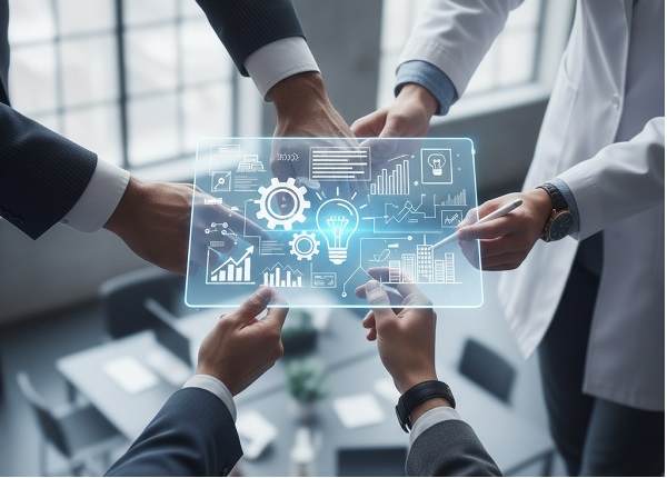 Personas colaborando en una oficina mientras observan una pantalla digital con iconos de innovación y tecnología.